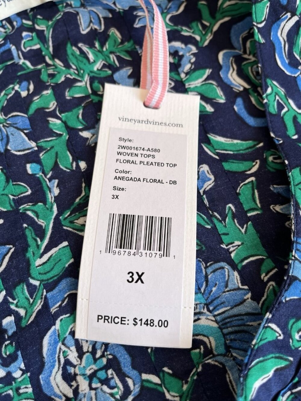 Vineyard Vines Floral Pleated Top Blue Green 3X NWT Boho - Picture 8 of 16